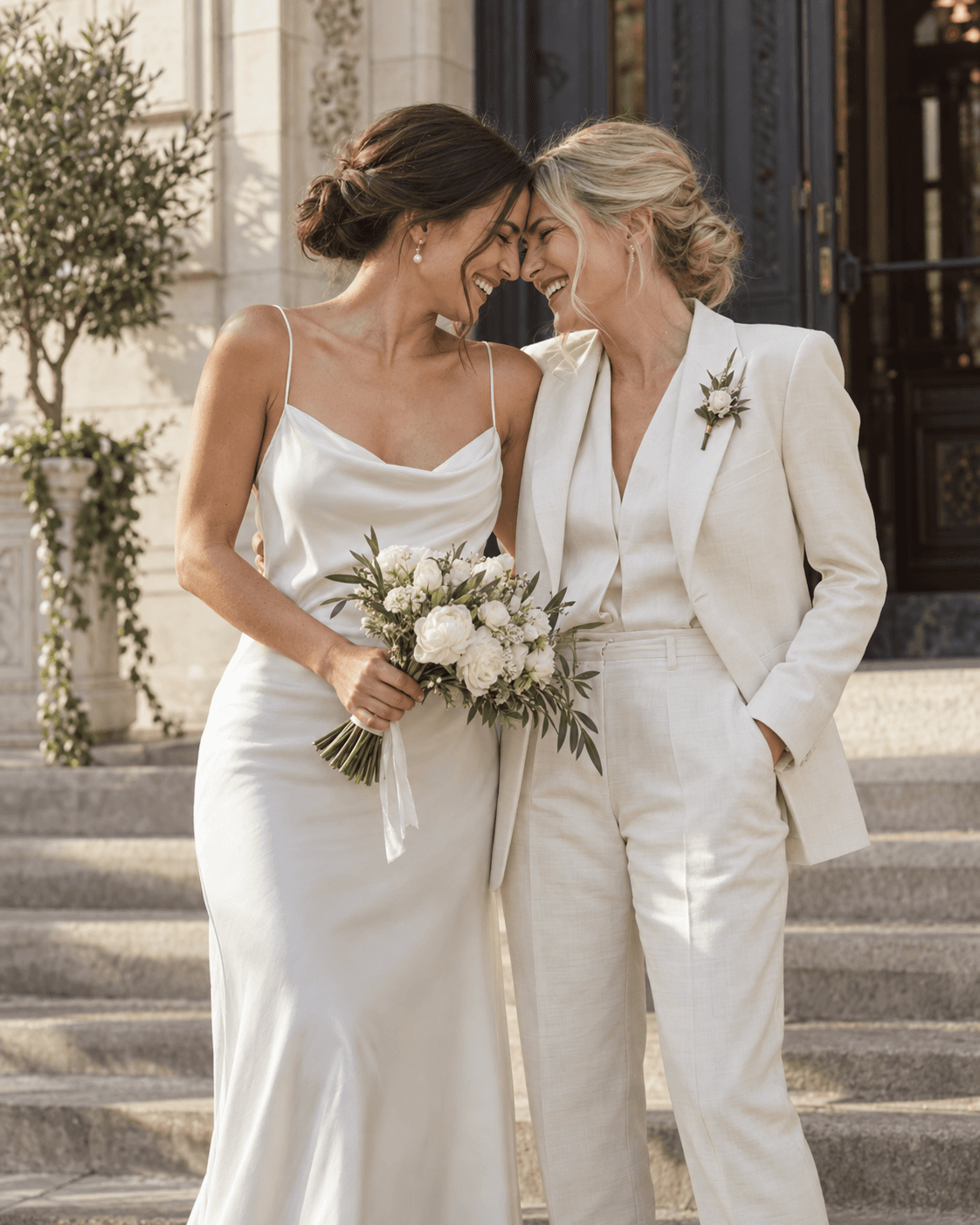 Two newlyweds sharing a joyful moment on city-hall steps