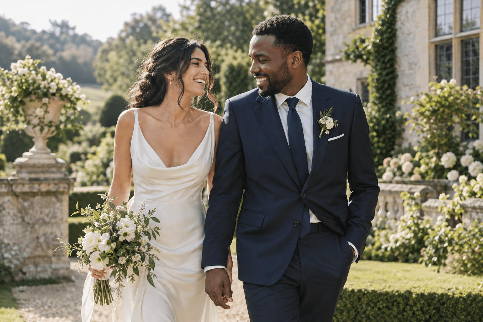 Newlyweds laughing together in a sunlit country-house garden